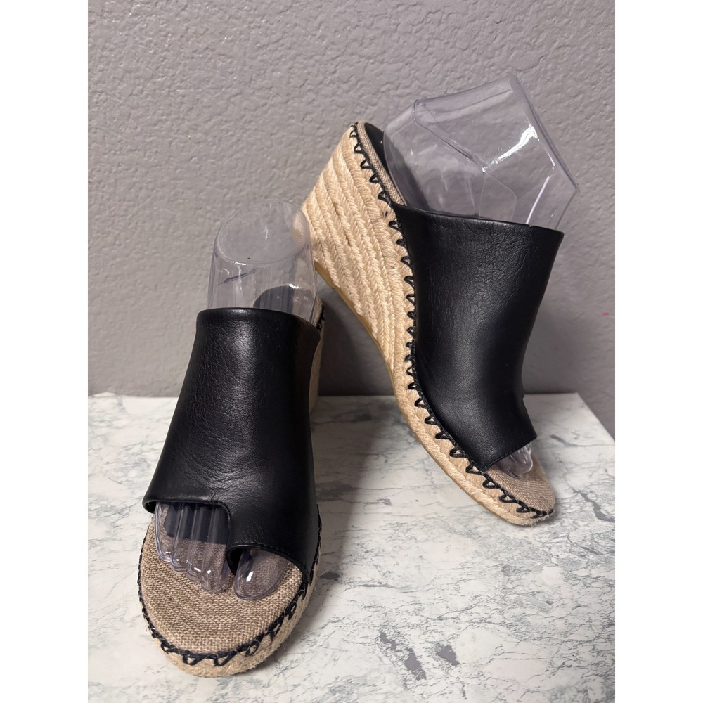 Vince. Womens 9M Espadrille Wedge Sandals Black Leather Jute Whipstitch Boho